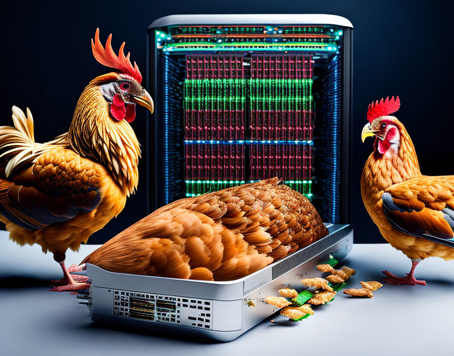 Live chickens, computer server, corn, and grilled chicken in surreal composition