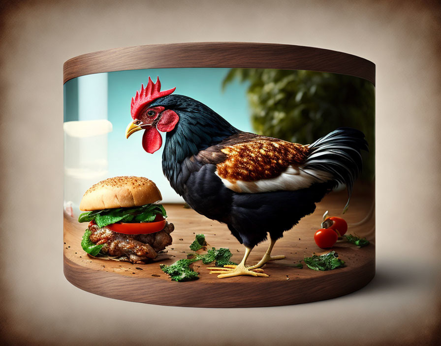 Rooster and hamburger in circular frame on blurred background