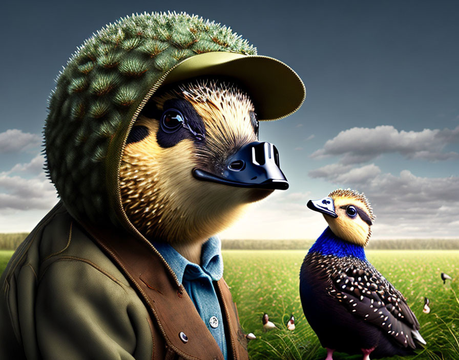 Anthropomorphic hedgehog and duckbill duckling in field under cloudy sky