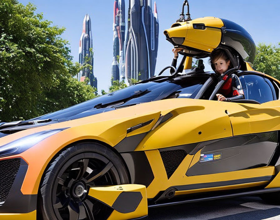 Child in yellow sports car with futuristic buildings.