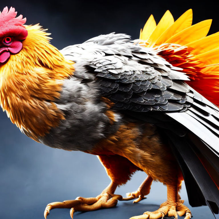 Vibrant Multicolored Rooster Close-Up on Dark Background