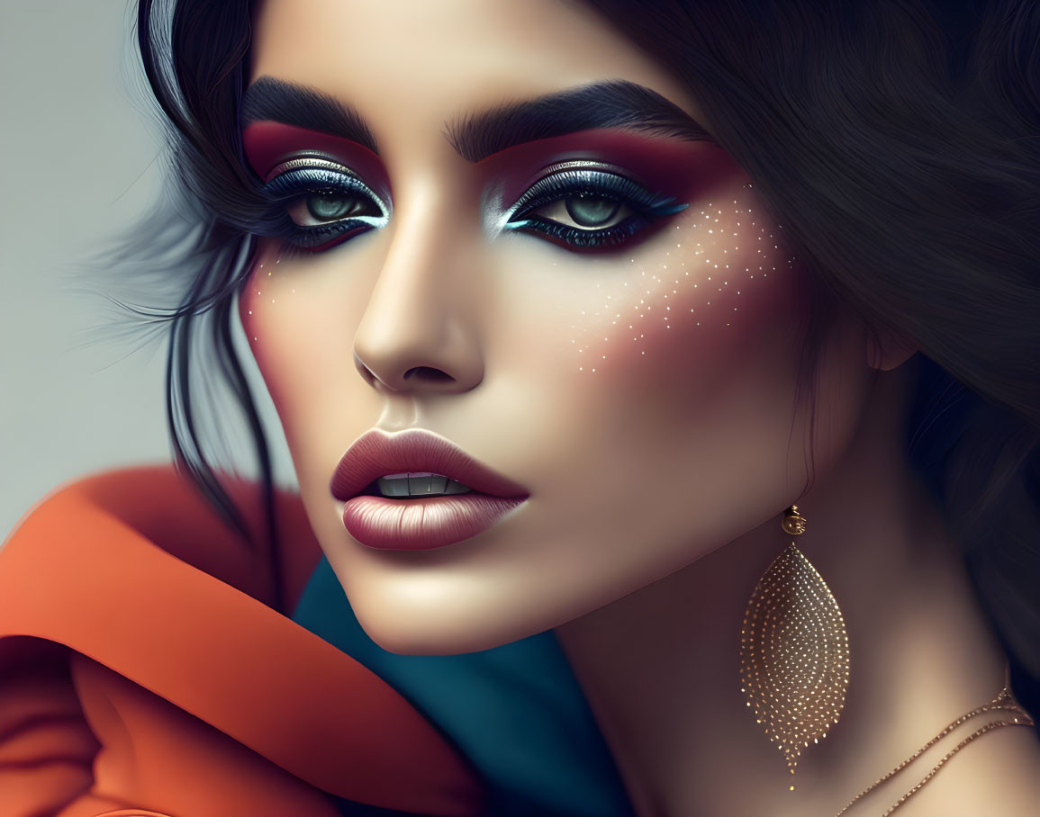 Vibrant woman illustration: red and blue eyeshadow, glistening freckles, gold