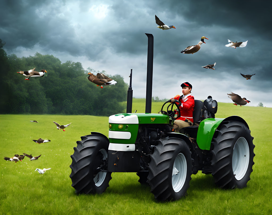 Green tractor driving in open field with flying ducks against stormy sky