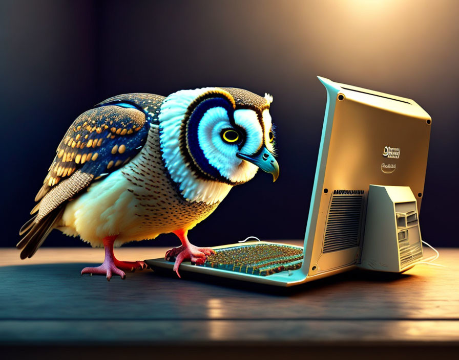 Whimsical owl with computer monitor face and retro keyboard