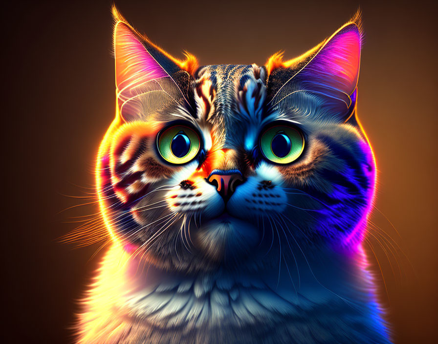 Colorful digital cat art with luminous eyes and glowing outline on dark background