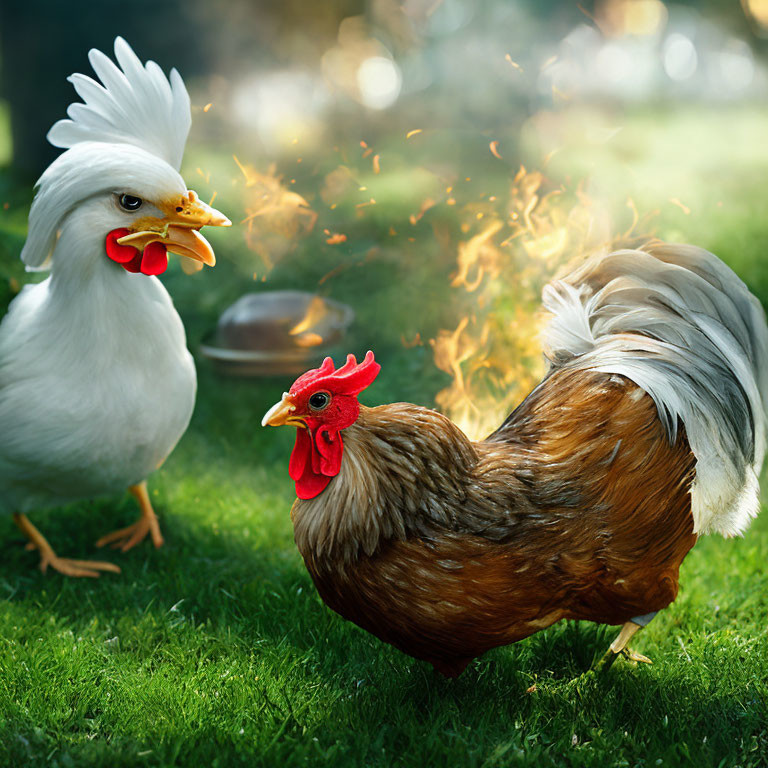 Stylized image of two chickens with flaming comb in grassy area