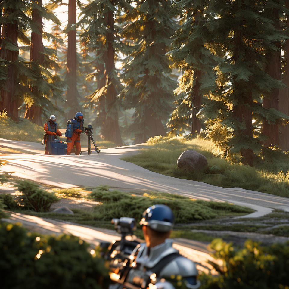 Forest scene with armed figure and people conversing by tripod