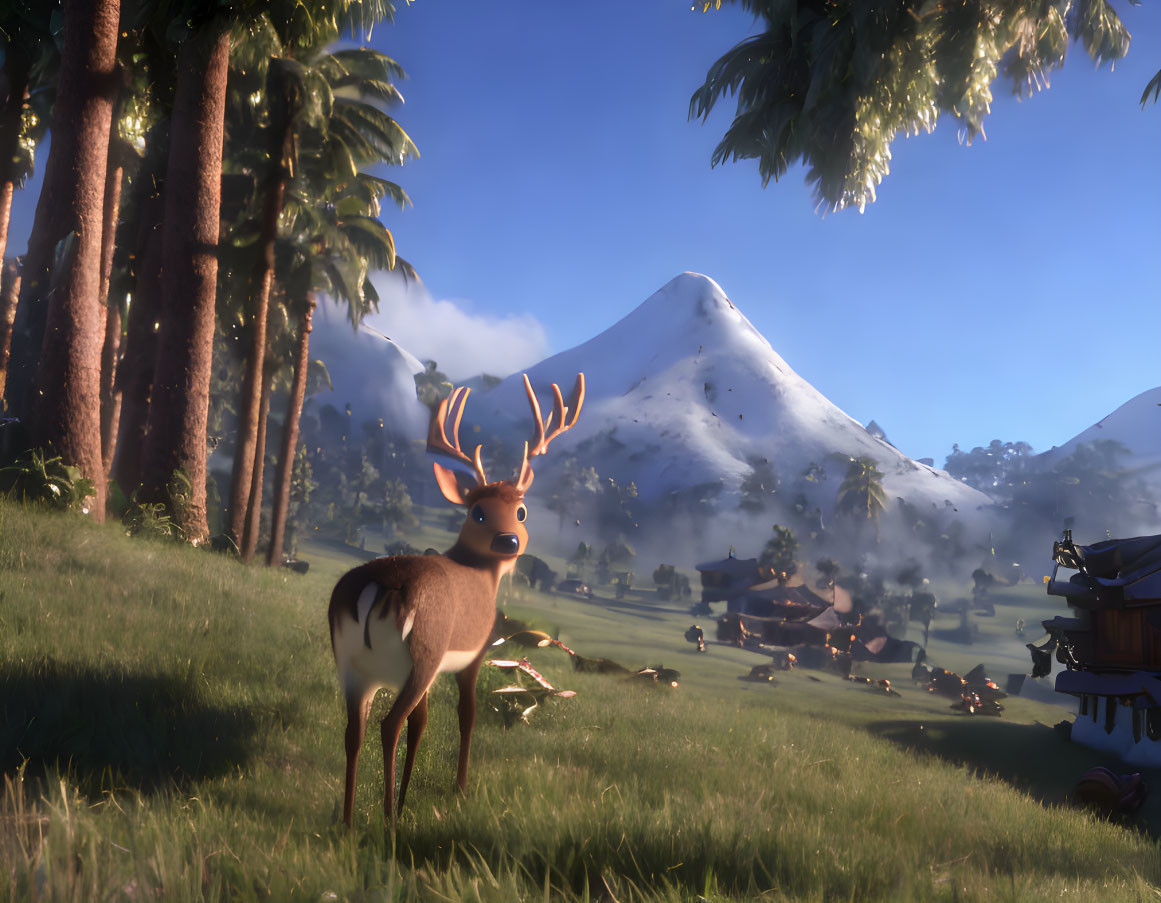 Majestic stag in serene meadow with village, trees, and mountains