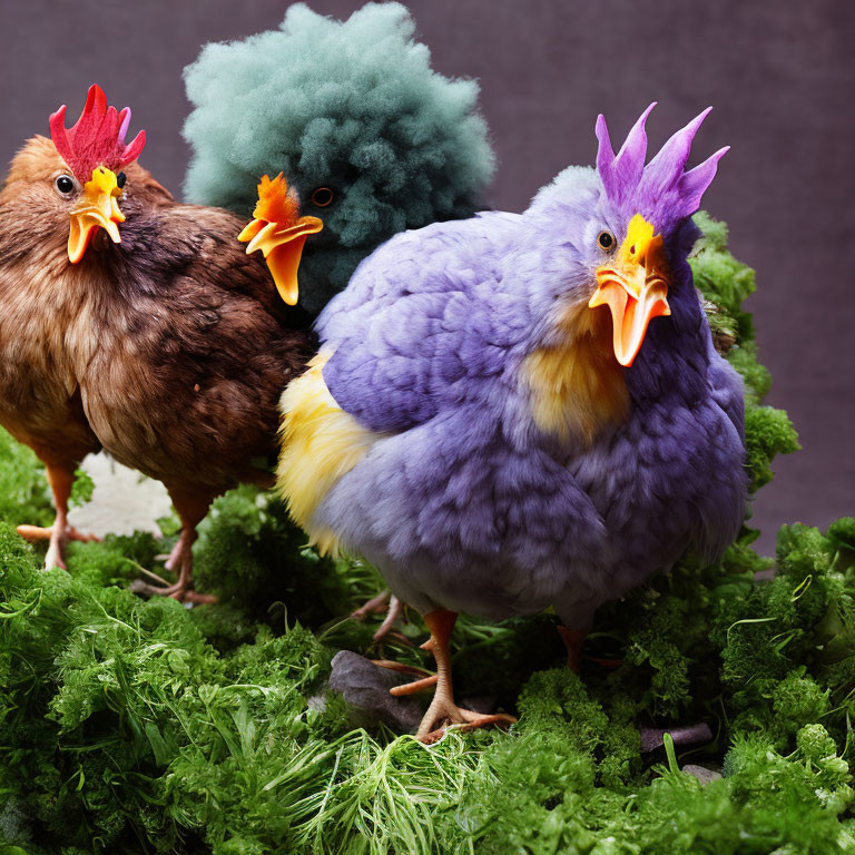 Colorful Chickens Among Greenery: Purple, Blue, and Brown Feathers