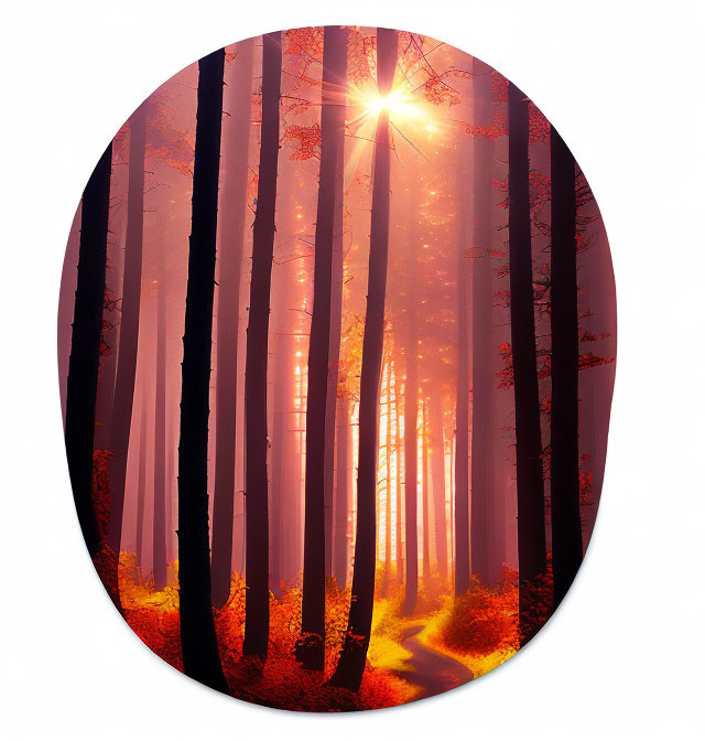 Mystical forest scene with tall trees and autumn leaves in oval frame