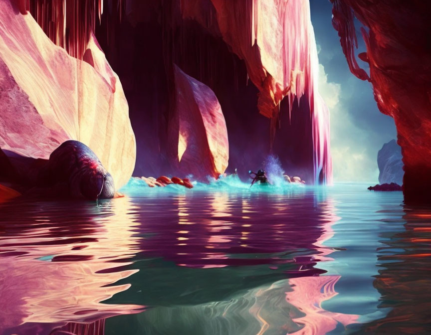 Vivid pink rock formations and purple water landscape.