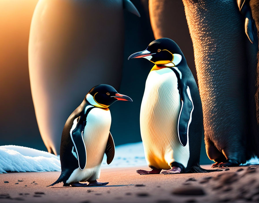 Two penguins on sandy surface under warm light