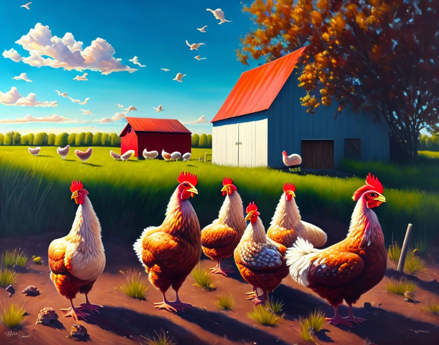 Colorful farm landscape with chickens, red barn, green fields, and blue sky