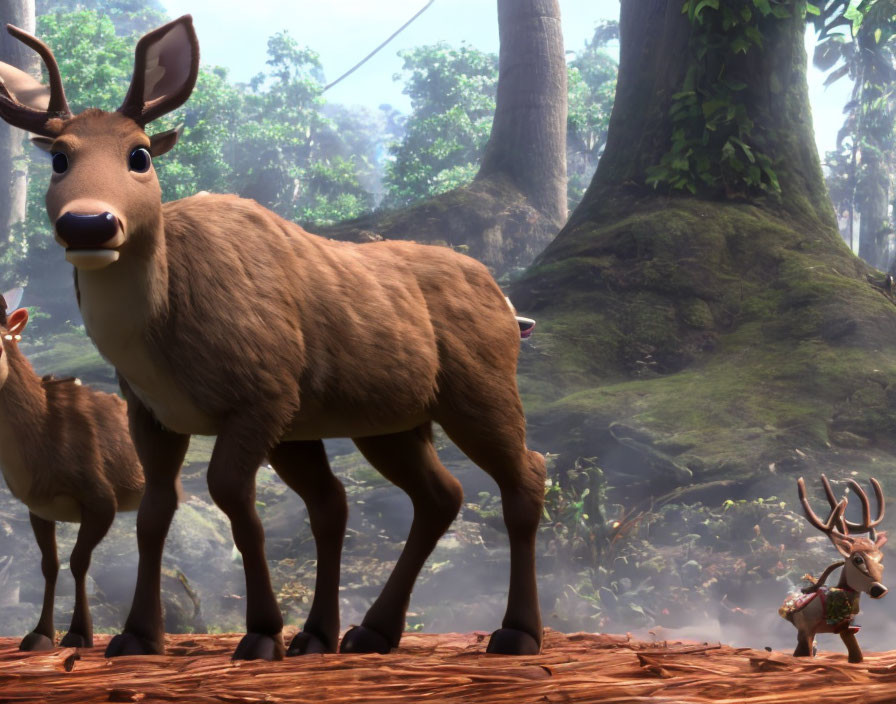 Group of animated deer in forest with large and small deer.