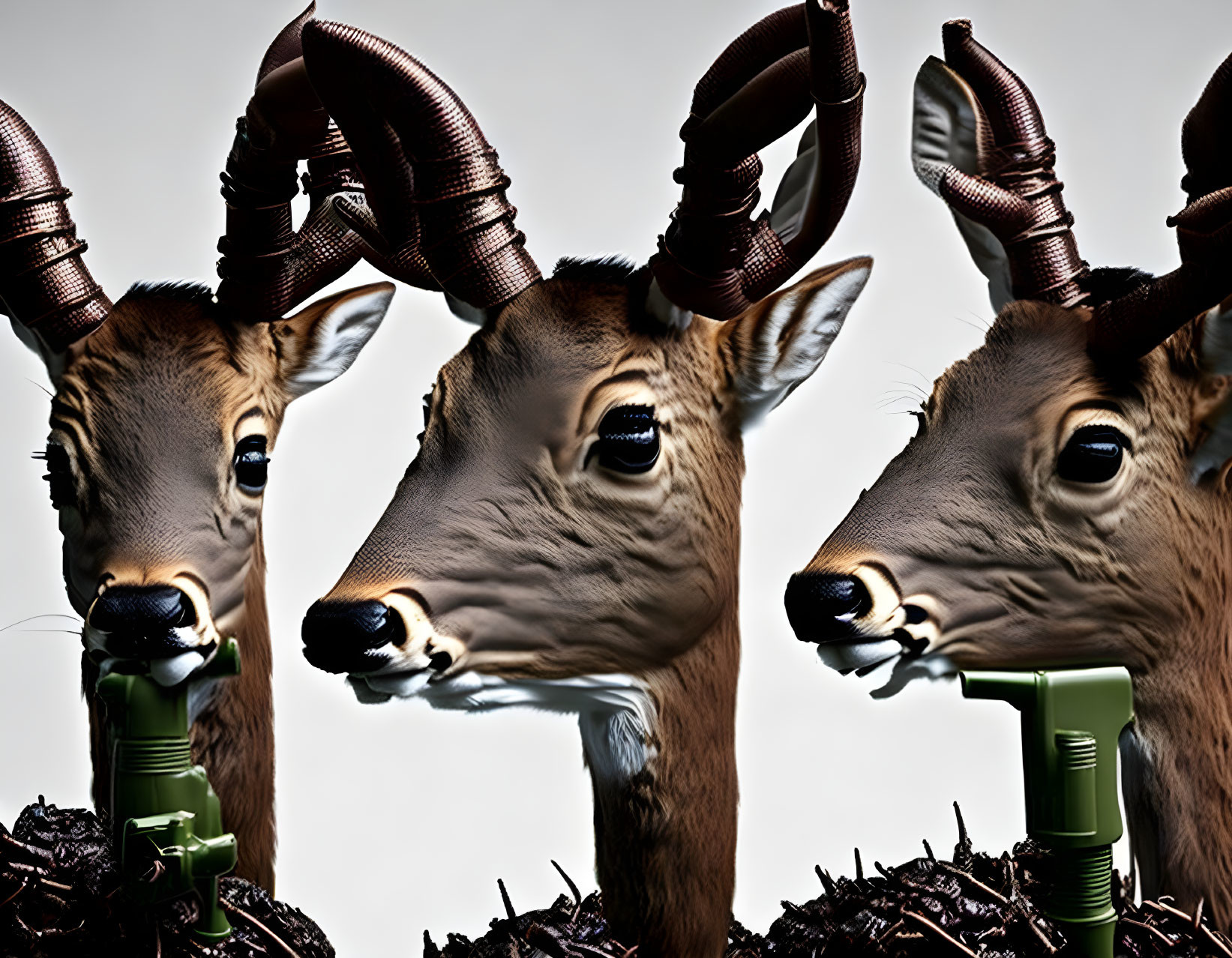 Stylized deer heads with exaggerated features and horns on gradient background