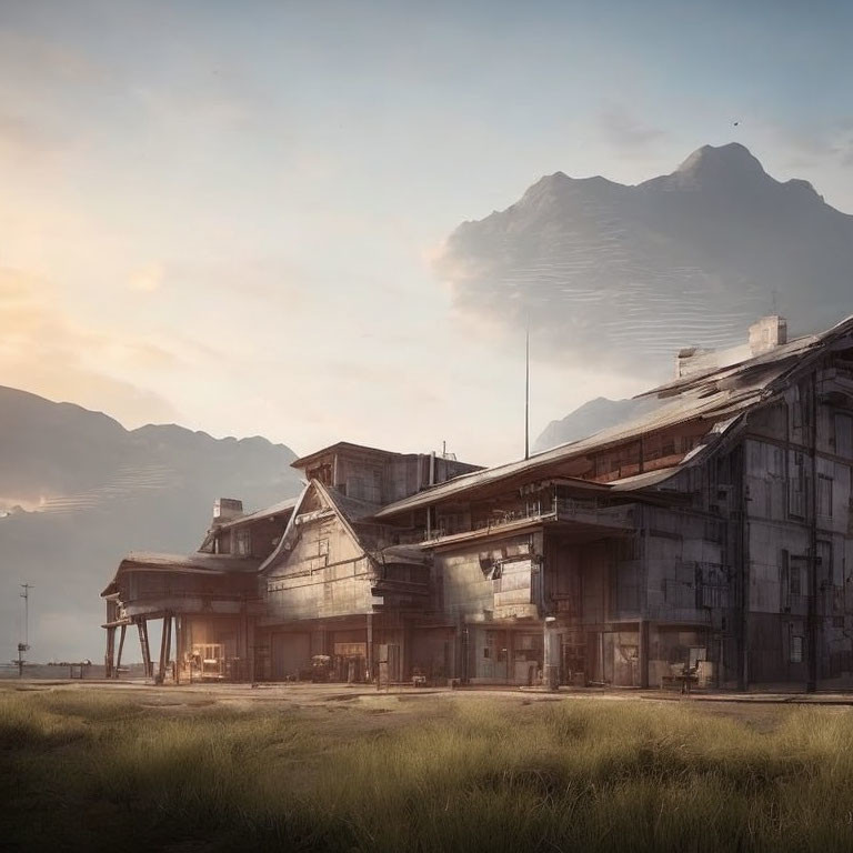 Abandoned industrial buildings in field with mountains and soft sunlight