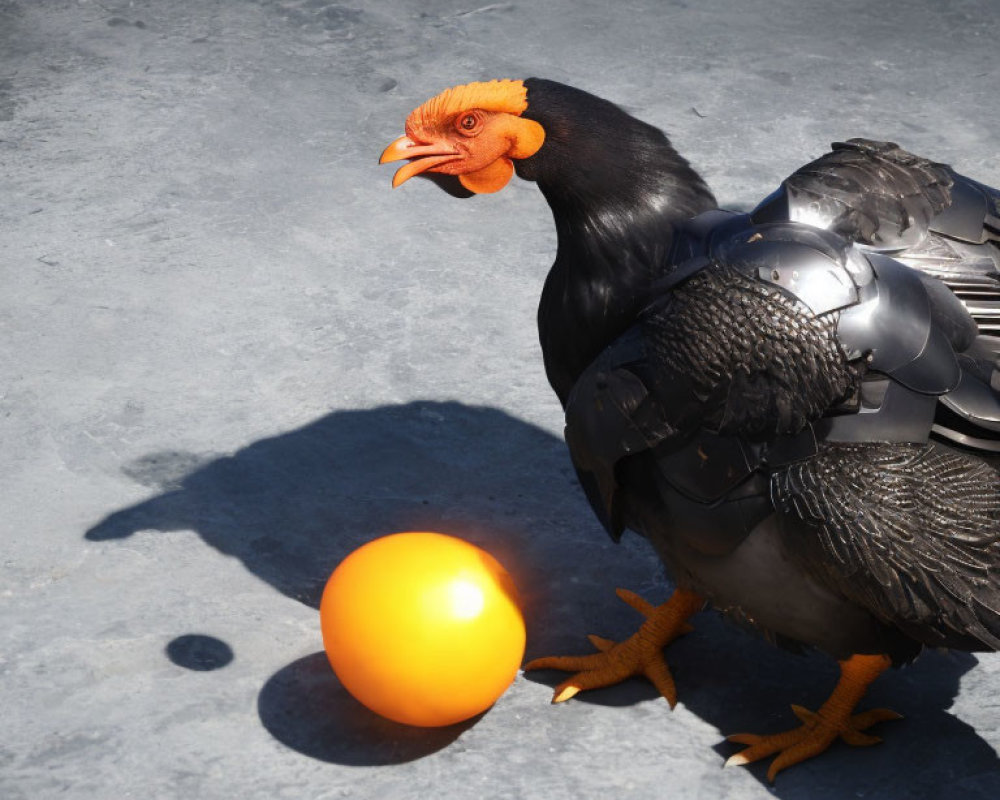 Black bird with orange beak and feet next to orange ball on gray surface