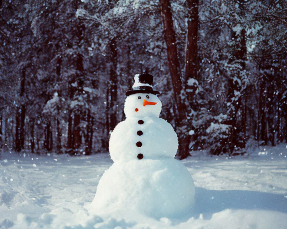 Snowman with top hat and carrot nose in snowy forest surrounded by snow-dusted trees