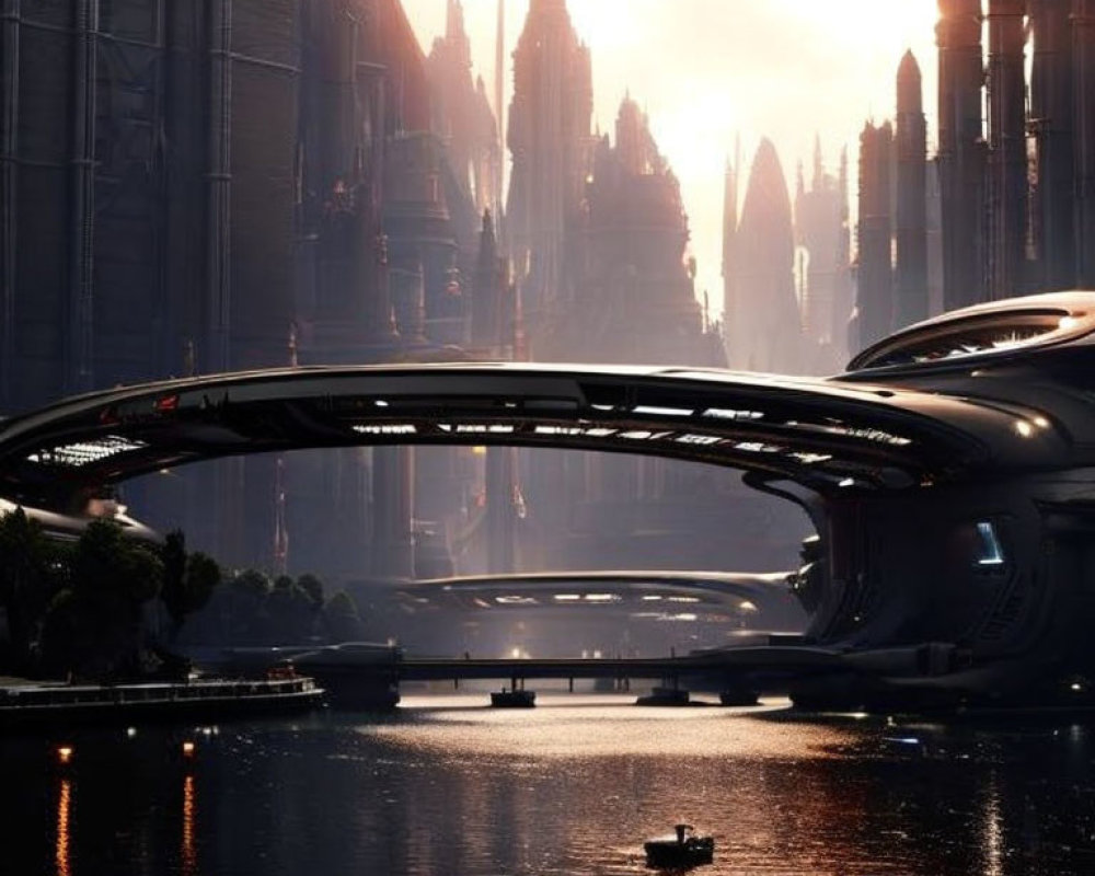 Futuristic cityscape with skyscrapers, bridge, boat, and dusky sky