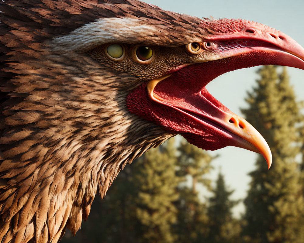 Realistic eagle with intense yellow eyes and open beak in forest setting