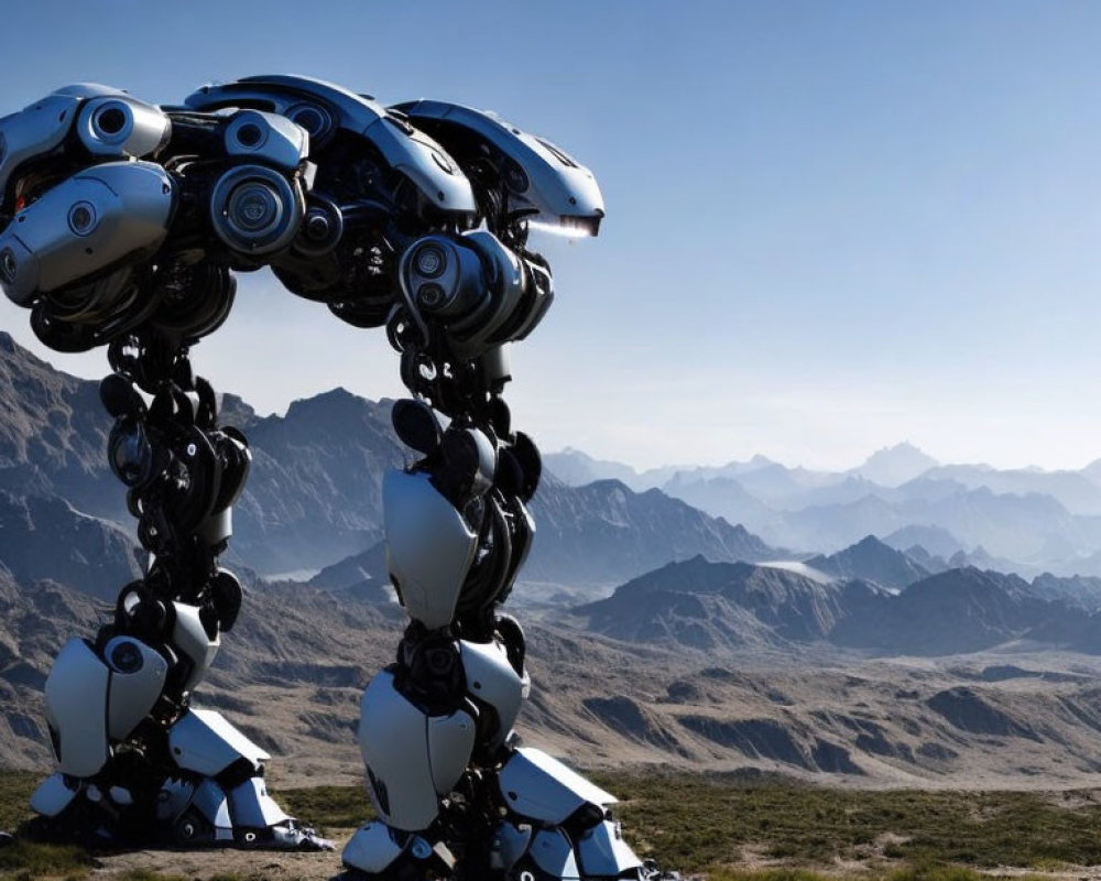 Giant futuristic robot in desert landscape with interconnected car design