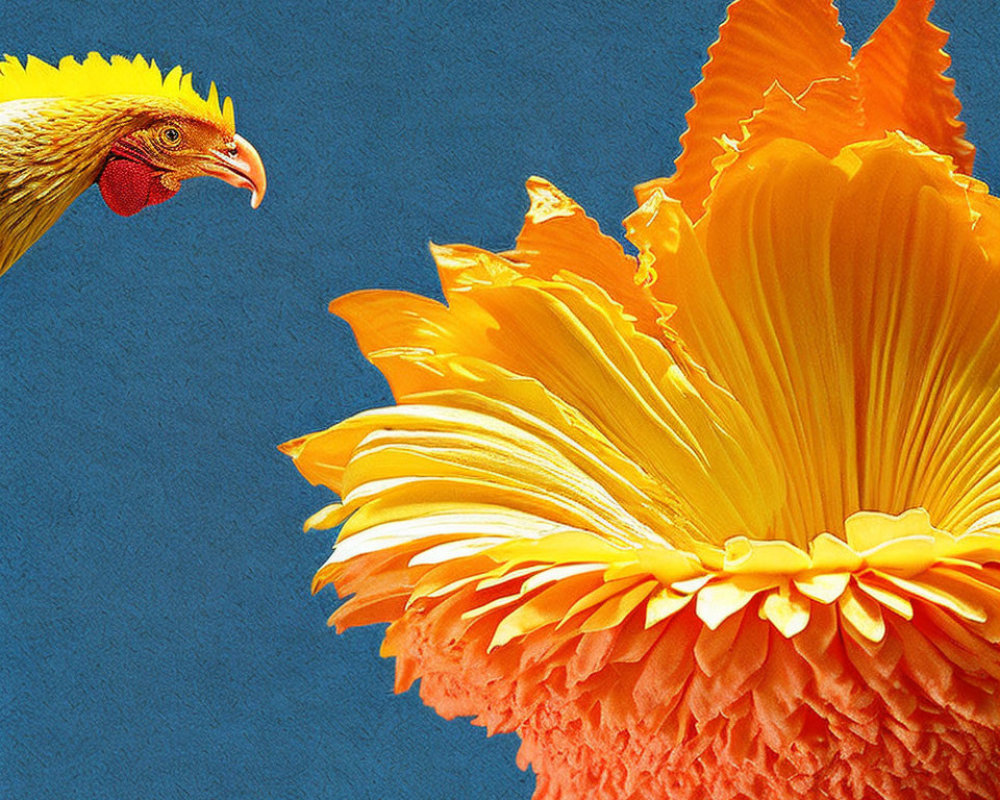 Chicken with exposed head and neck beside orange flower on blue background.