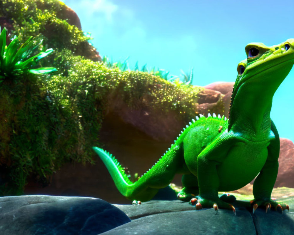 Vibrant green animated lizard on rock with lush greenery