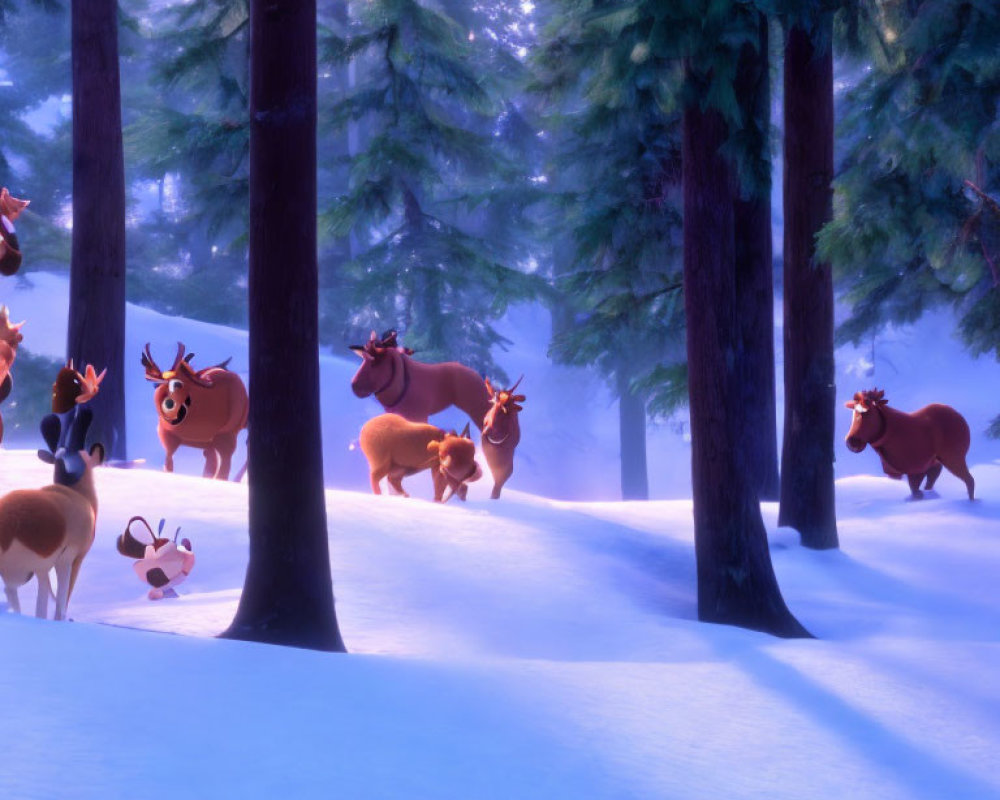 Snowy forest scene with animated reindeer at twilight.