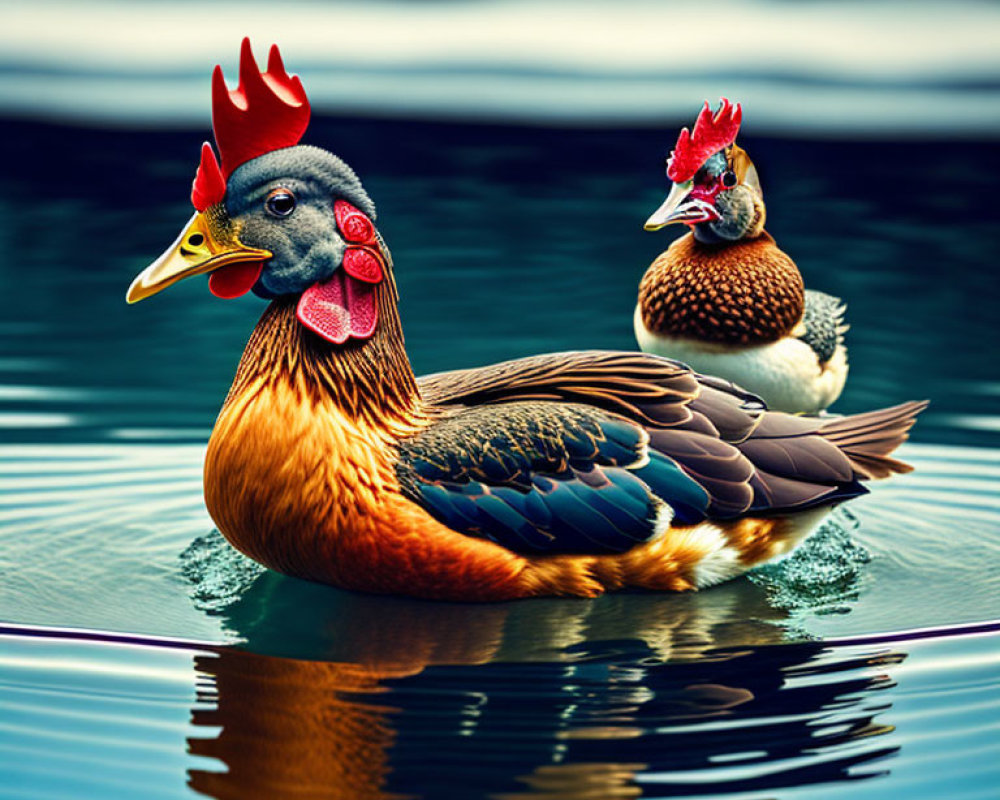 Ducks with Rooster Features Swimming in Calm Water