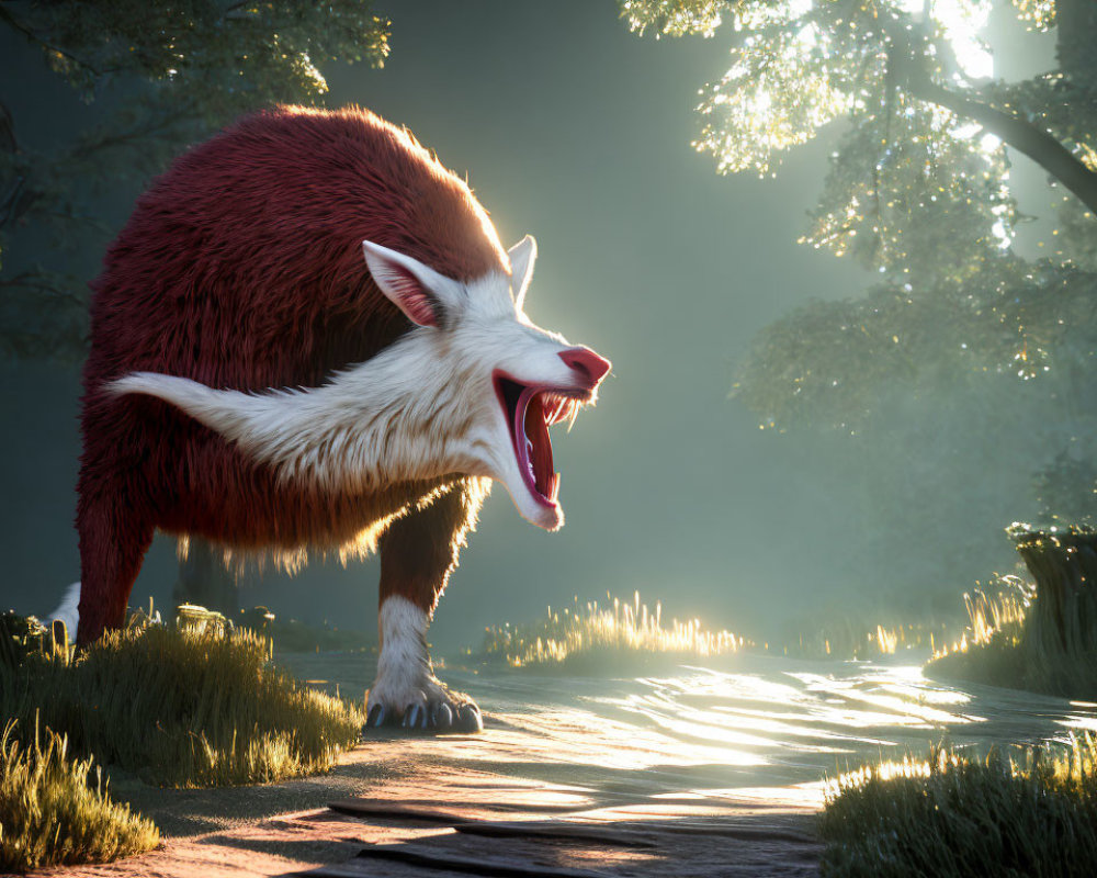 Stylized red and white creature in sunlit forest clearing