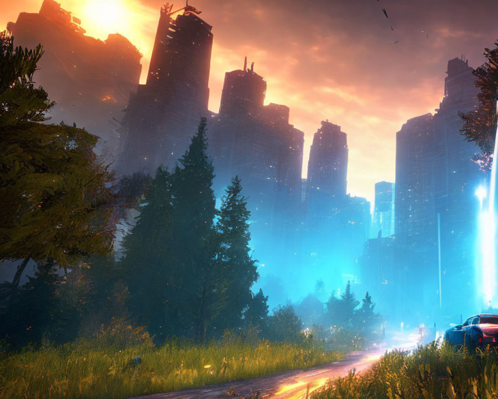 Sunset overgrown futuristic city with abandoned cars and blue light beam