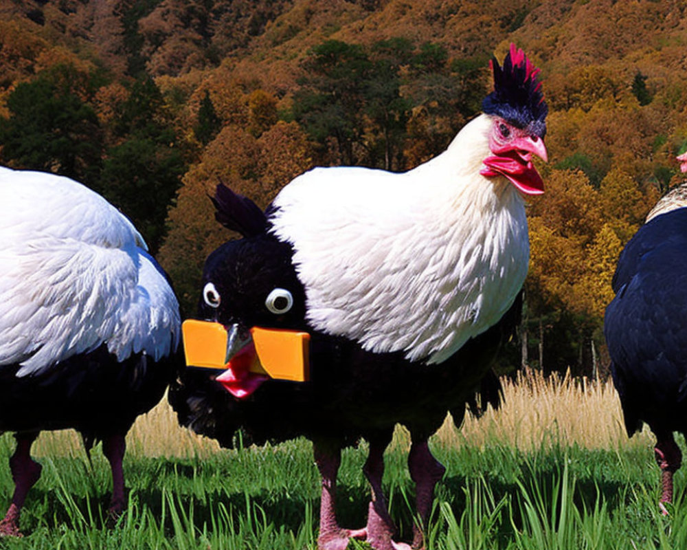 Three cartoon-like birds in a field with human-like eyes and colorful beaks, set against an autumn