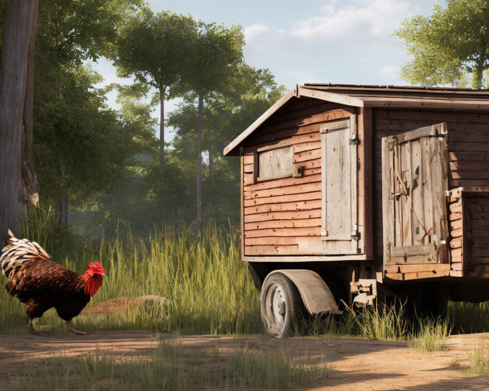 Rooster in front of rustic chicken coop in grassy field