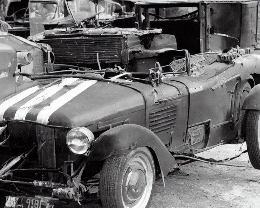 Abandoned damaged car with hood stripes among derelict vehicles