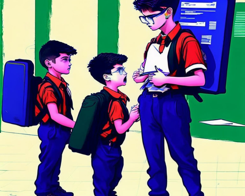 Three Boys in School Uniforms Engaged in Conversation