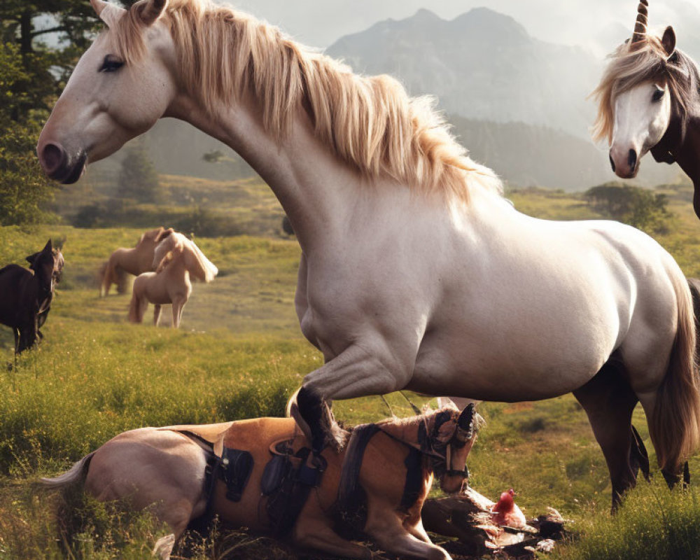 White horse standing over brown pony in misty mountain landscape with unicorn.