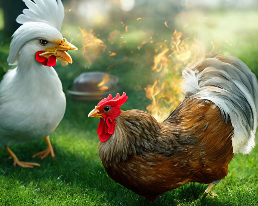 Stylized image of two chickens with flaming comb in grassy area