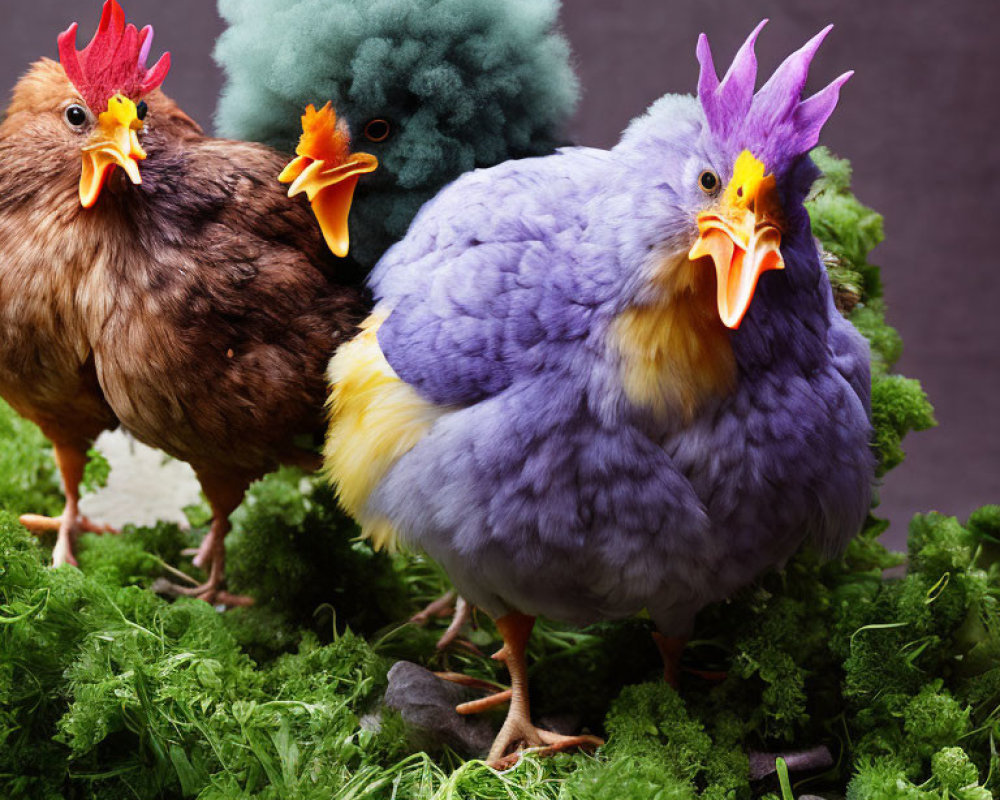 Colorful Chickens Among Greenery: Purple, Blue, and Brown Feathers