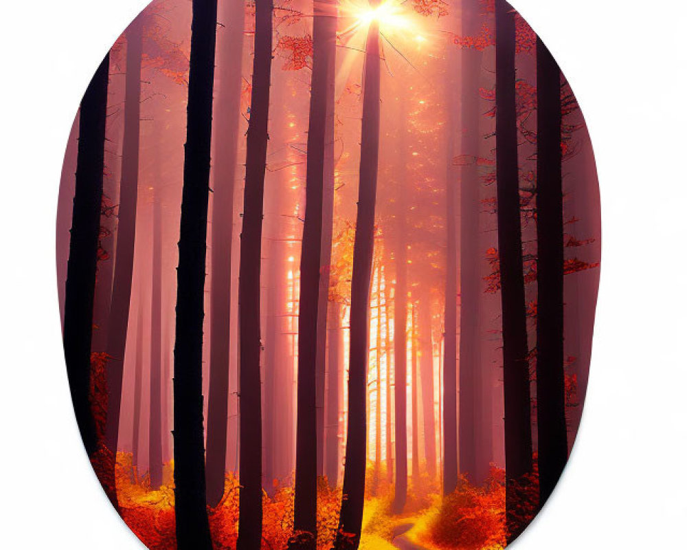 Mystical forest scene with tall trees and autumn leaves in oval frame