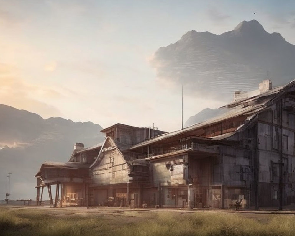 Abandoned industrial buildings in field with mountains and soft sunlight