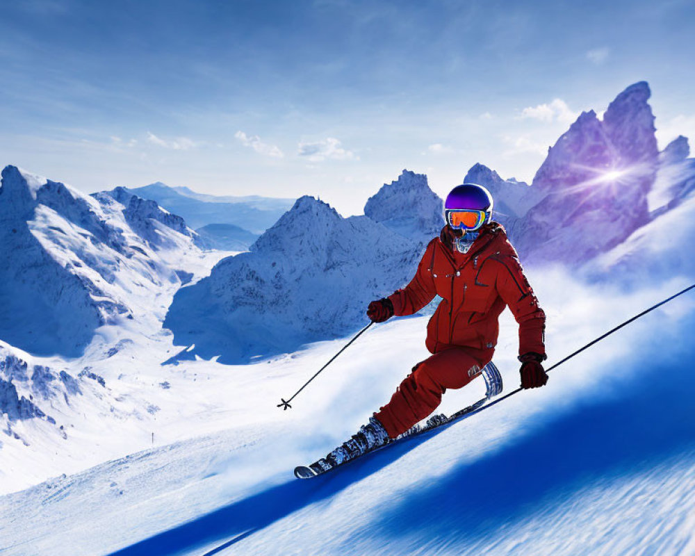 Skier in Red Suit Descending Snowy Mountain Slope