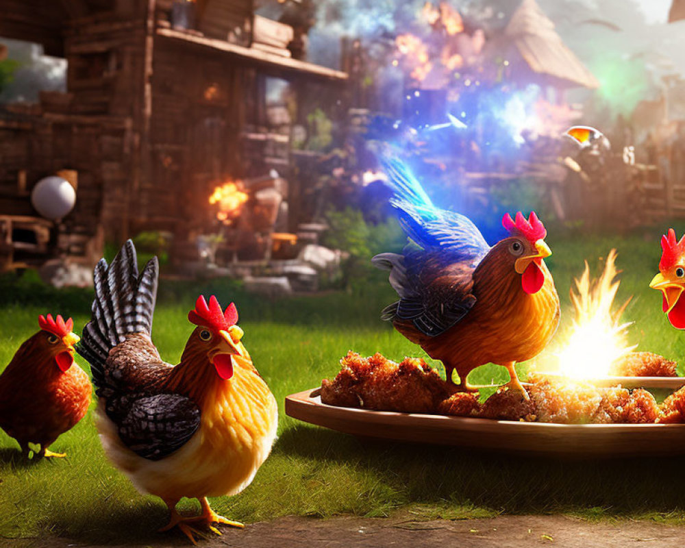 Shocked animated chickens and fried chicken in magical village