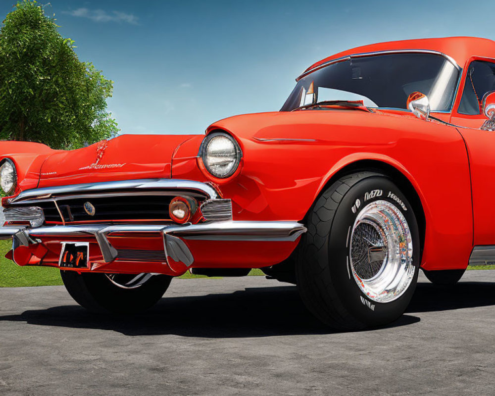 Vintage Red Chevrolet with White-Wall Tires on Green Lawn