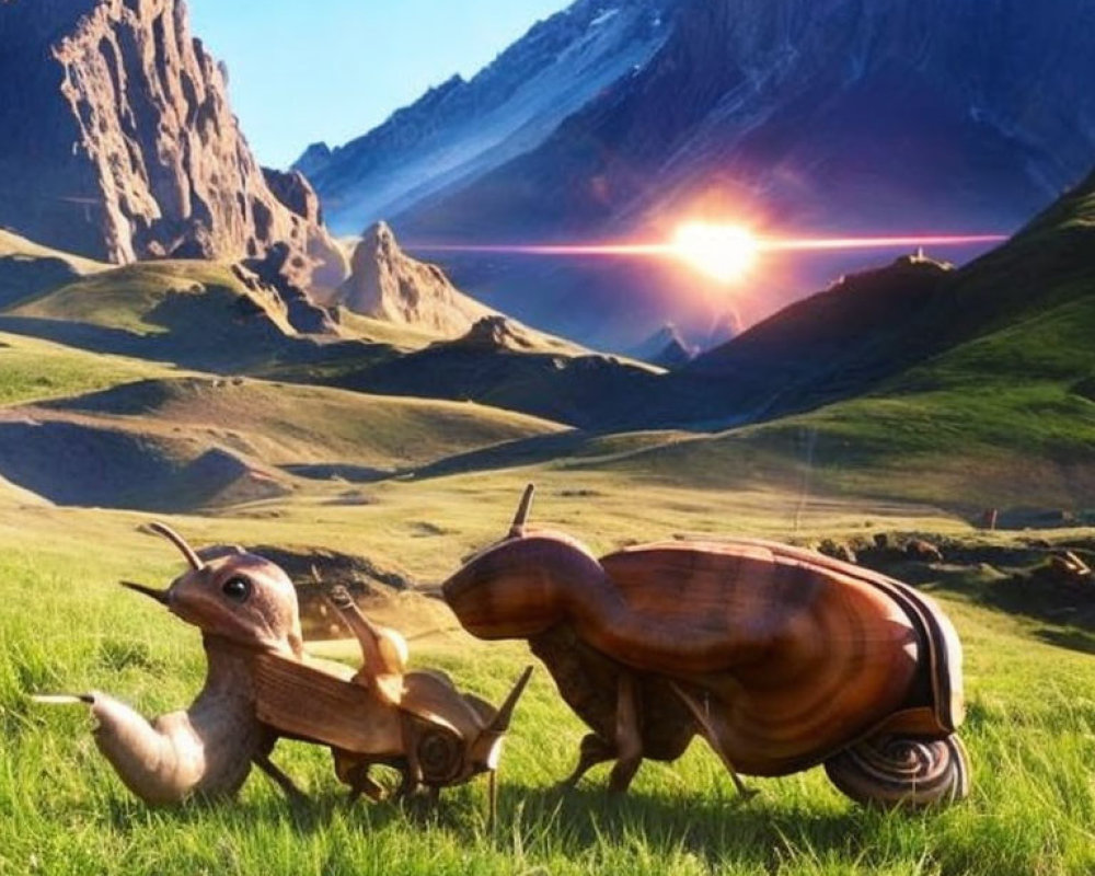 Mountain valley sunrise with whimsical snails: one has a violin shell.