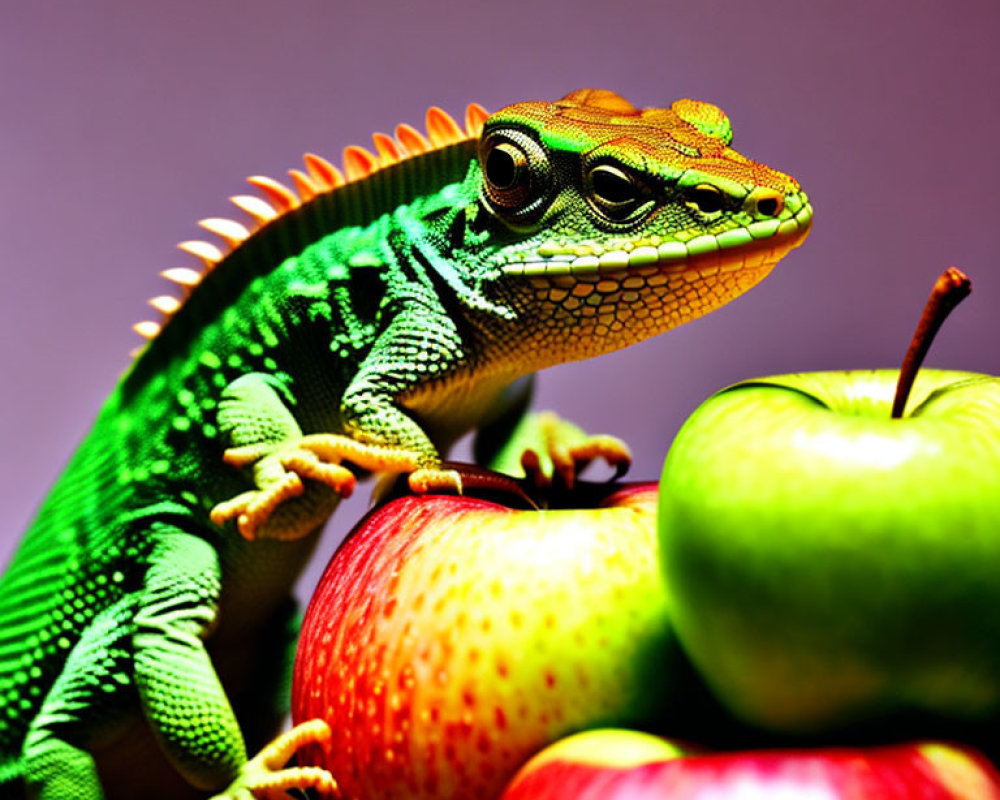 Colorful green gecko on apples against purple backdrop