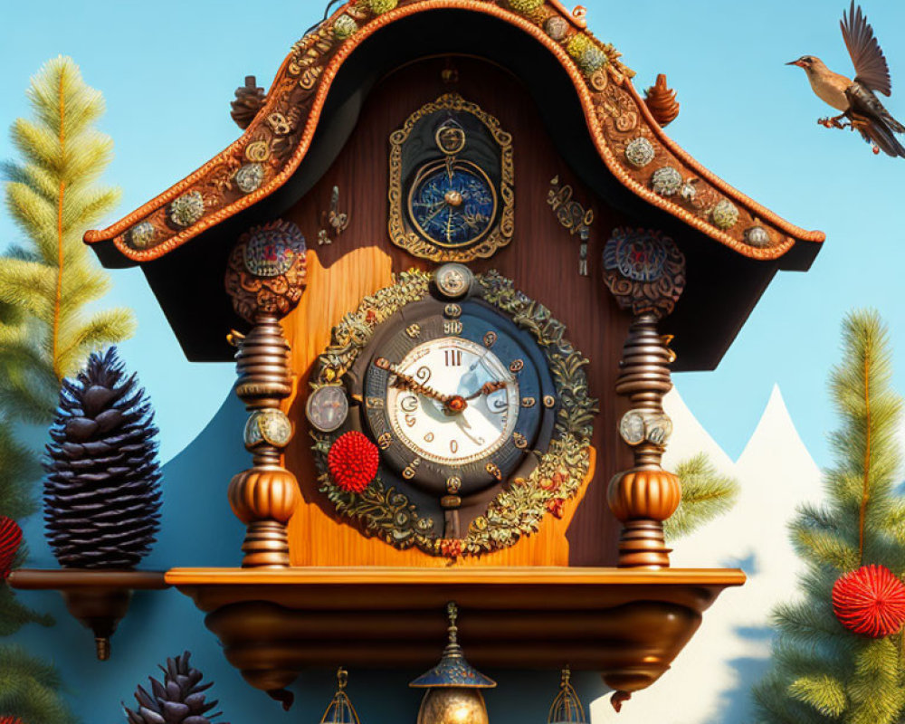 Traditional Cuckoo Clock with Ornate Carvings and Nature Motifs