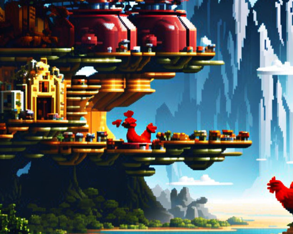 Futuristic pixel art landscape with floating islands, character in red, lush forests, and waterfall.