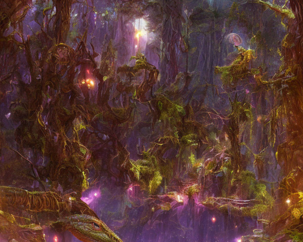 Mystical forest with twisted trees, glowing orbs, fog, lizard-like creature & purple flora