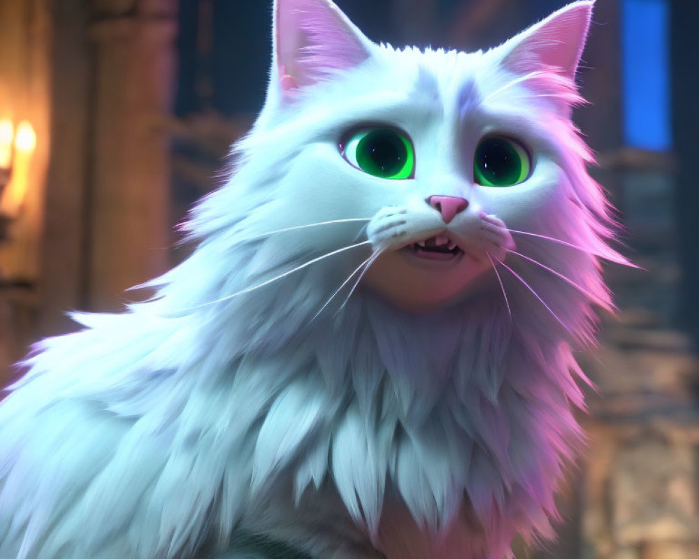 Fluffy white cat with green eyes in dimly lit gothic room