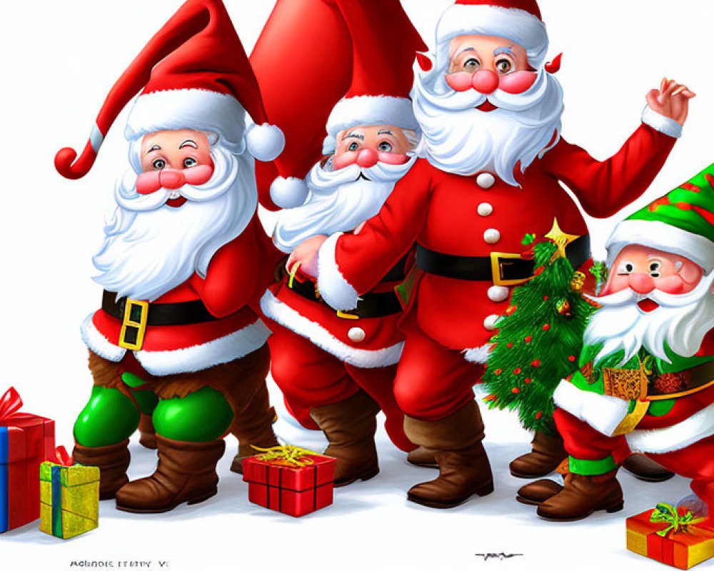 Cheerful Santa Claus Figures with Presents and Christmas Tree on White Background